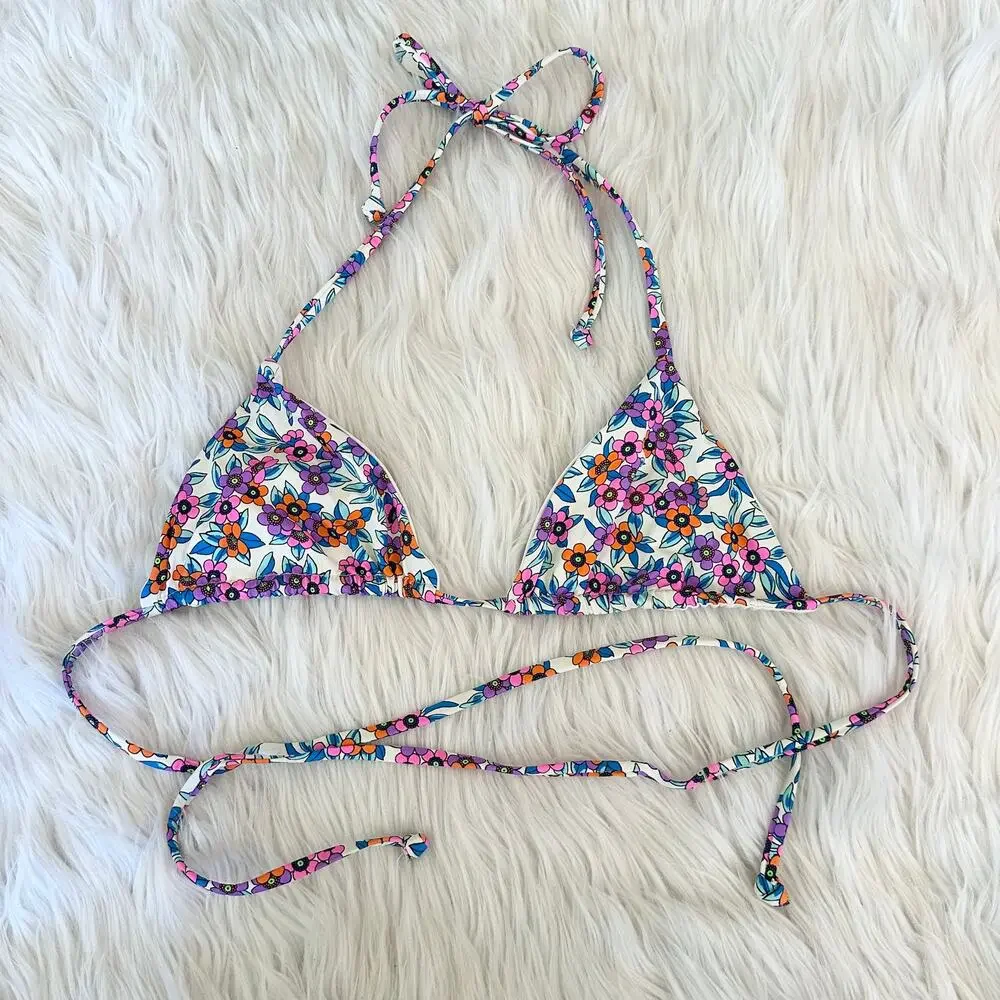 Frankie’s Bikinis Tia Floral Triangle Halter Bikini Top Swimsuit Flower Farm